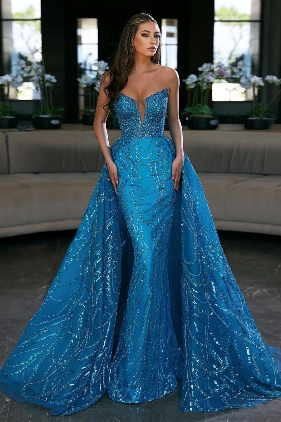 Blue Mermaid Sleeveless Prom Dress with Tulle Ruffles and Appliques-BallBride