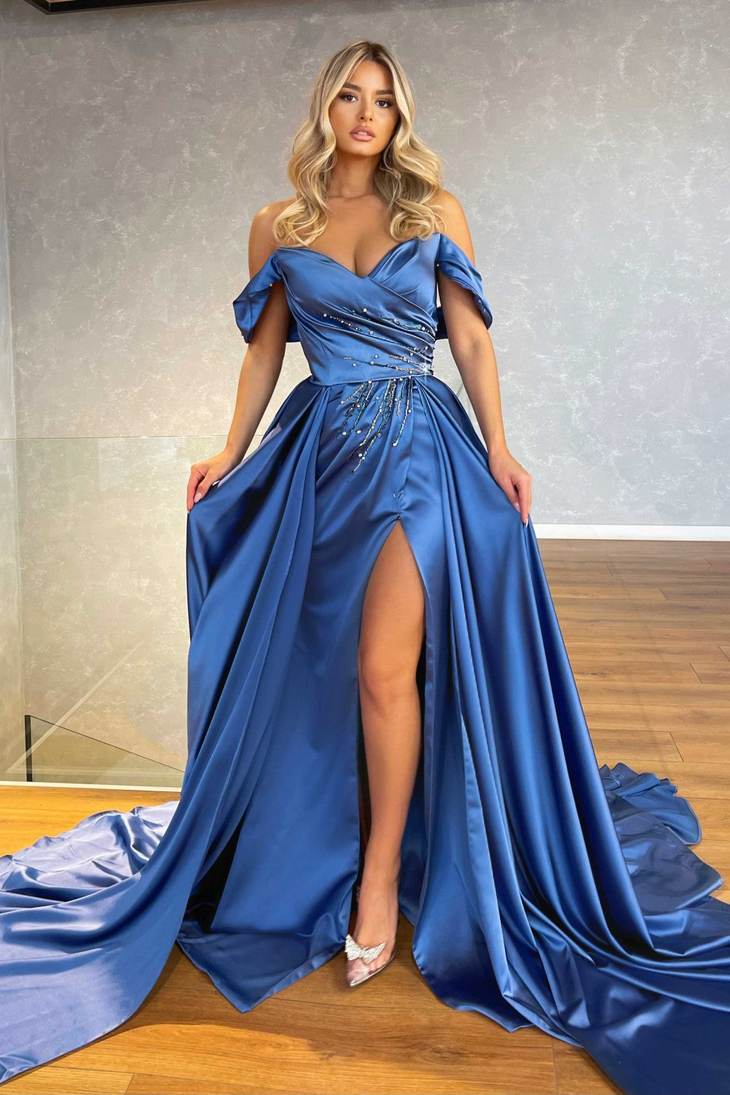 Blue Off-the-Shoulder Split Prom Dress with Beadings-BallBride