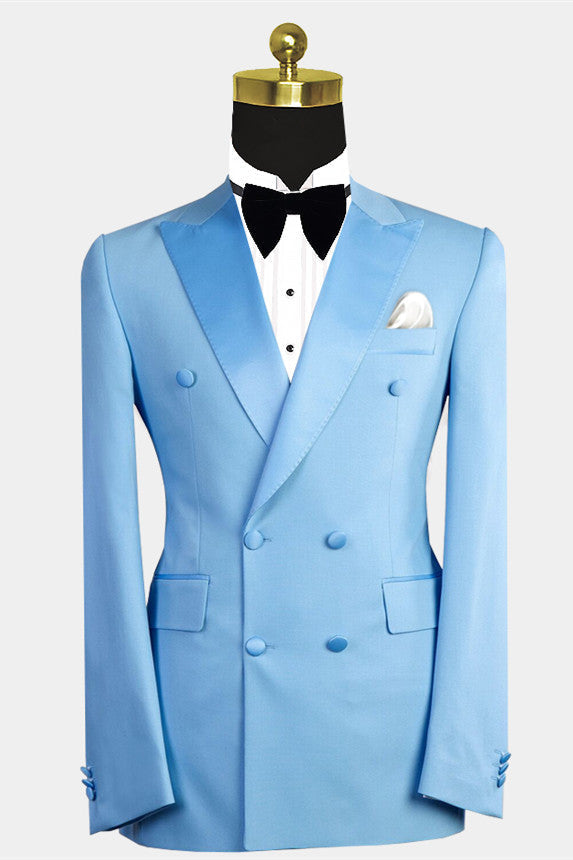 Blue Peaked Lapel Double-Breasted Wedding Suit For Men-Wedding Suits-BallBride