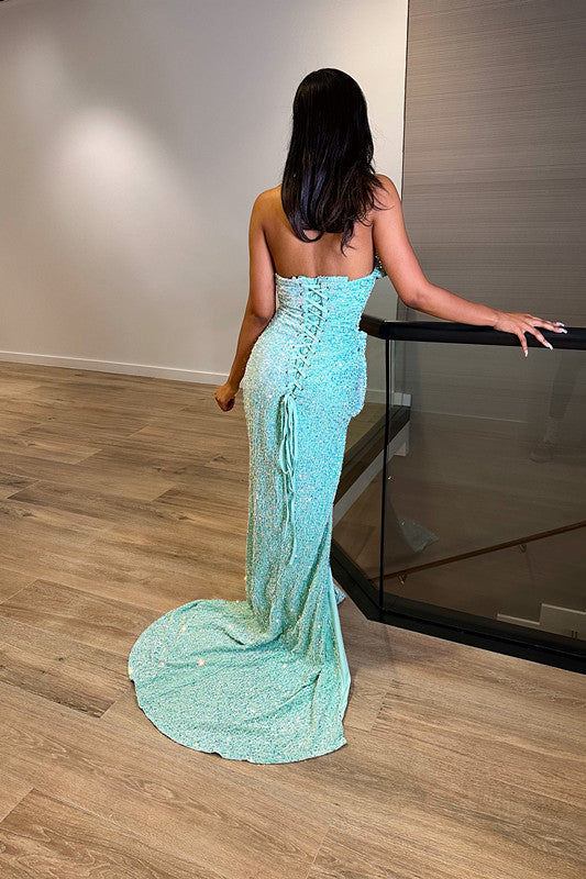 Blue Sequins Sweetheart Mermaid Prom Dress with Split Trumpet-BallBride