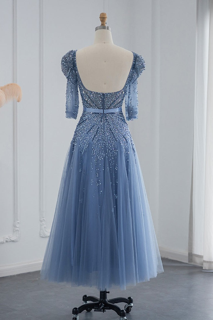Blue Square Collar A Line Tulle Evening Dress with Appliques-Evening Dresses-BallBride