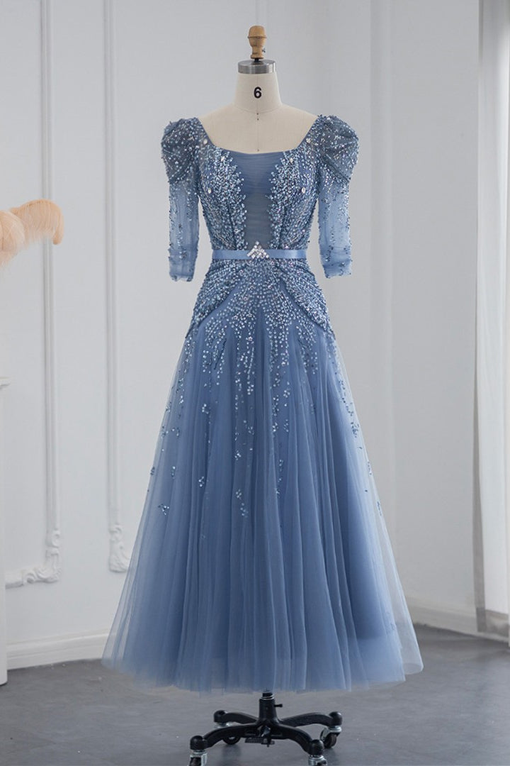 Blue Square Collar A Line Tulle Evening Dress with Appliques-Evening Dresses-BallBride