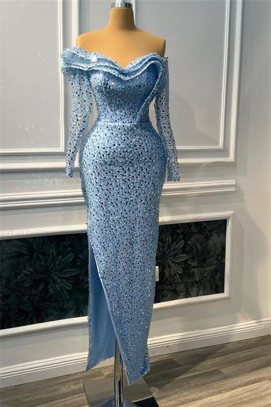 Blue Sweetheart Long Sleeves Mermaid Prom Dress with Slit and Beads-BallBride