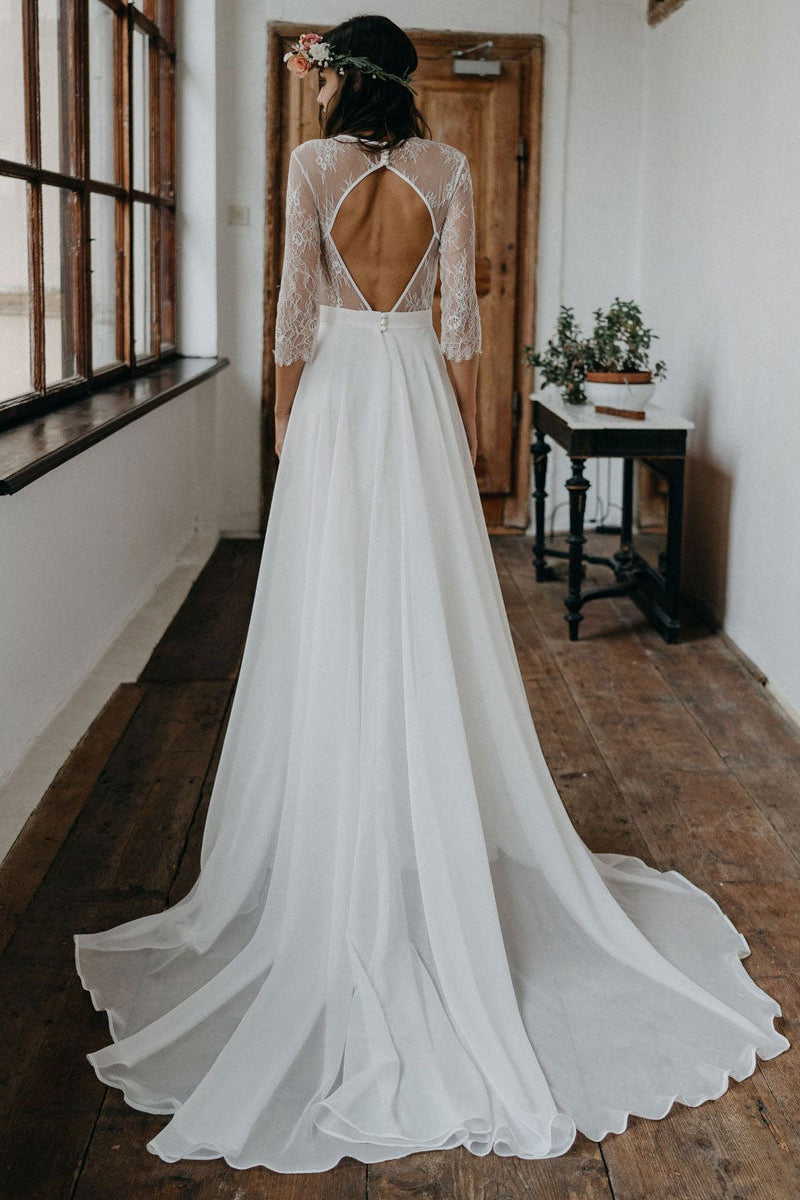 Boho Lace Chiffon Long Wedding Dress-Wedding Dresses-BallBride