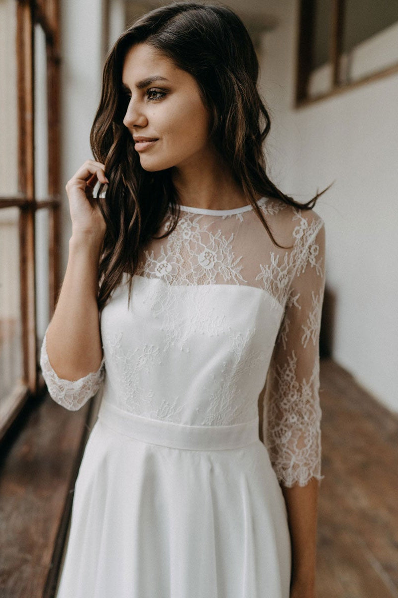 Boho Lace Chiffon Long Wedding Dress-Wedding Dresses-BallBride