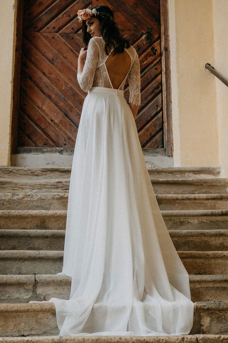 Boho Lace Chiffon Long Wedding Dress-Wedding Dresses-BallBride