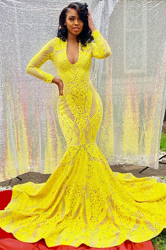 Bright Yellow Long Sleeves Mermaid Prom Dress-BallBride