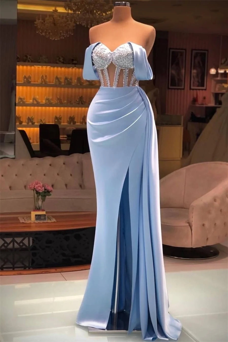 Budget Baby Blue Off-the-Shoulder Evening Gowns Split Long With Beads-Occasion Dress-BallBride