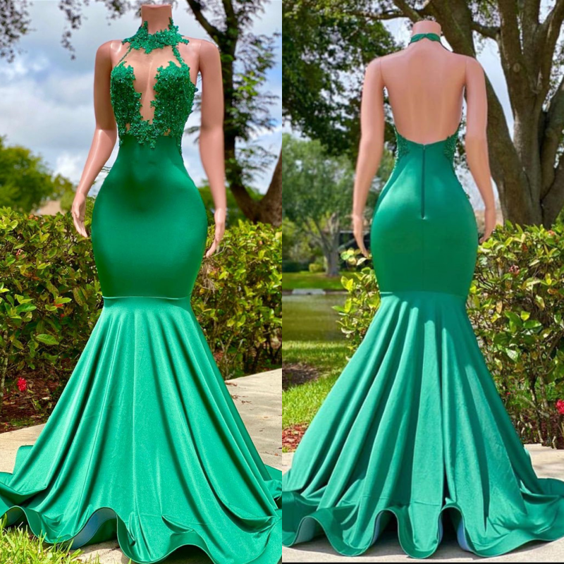 Budget Emerald Green Mermaid Evening Gowns High Neck Sleeveless Backless-BallBride