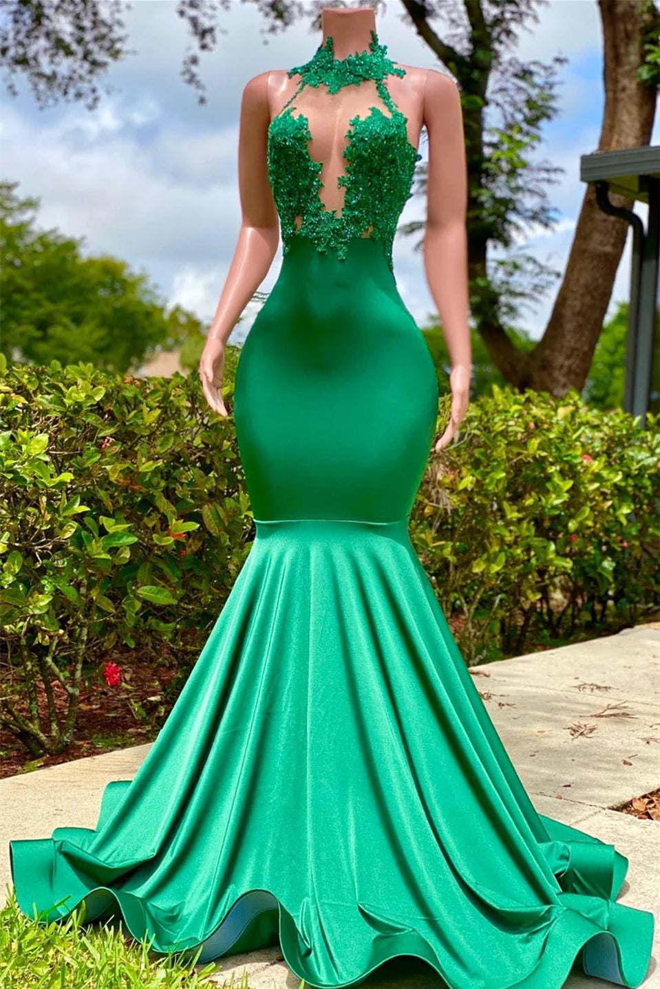 Budget Emerald Green Mermaid Evening Gowns High Neck Sleeveless Backless-BallBride