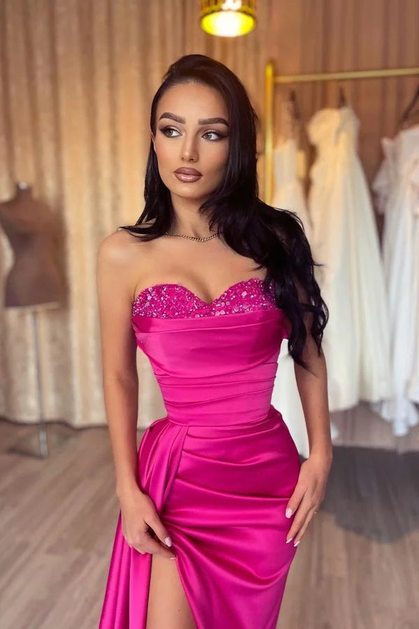 Budget Fuchsia Sweetheart Evening Gowns Mermaid Sequins Long Split With Ruffle-BallBride