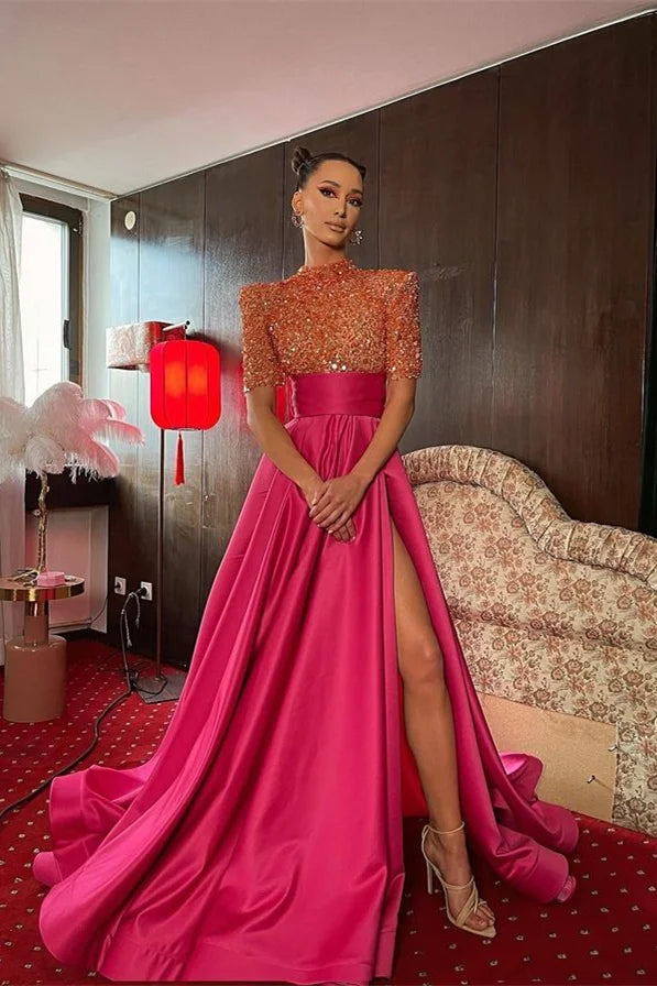 Budget High Neck Half Sleeves Evening Gowns Fuchsia Long Split With Sequins-BallBride