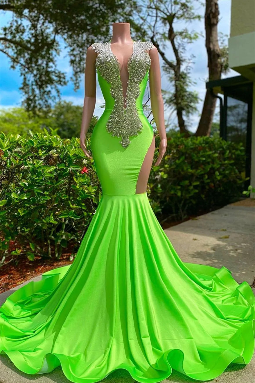 Budget Light Green V-Neck Mermaid Evening Gowns Lng Crystals Online-BallBride