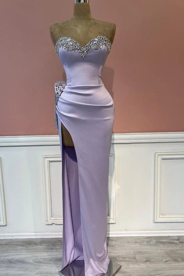 Budget Lilac Sweetheart Evening Gowns Mermaid Slit Long With Crystals-BallBride