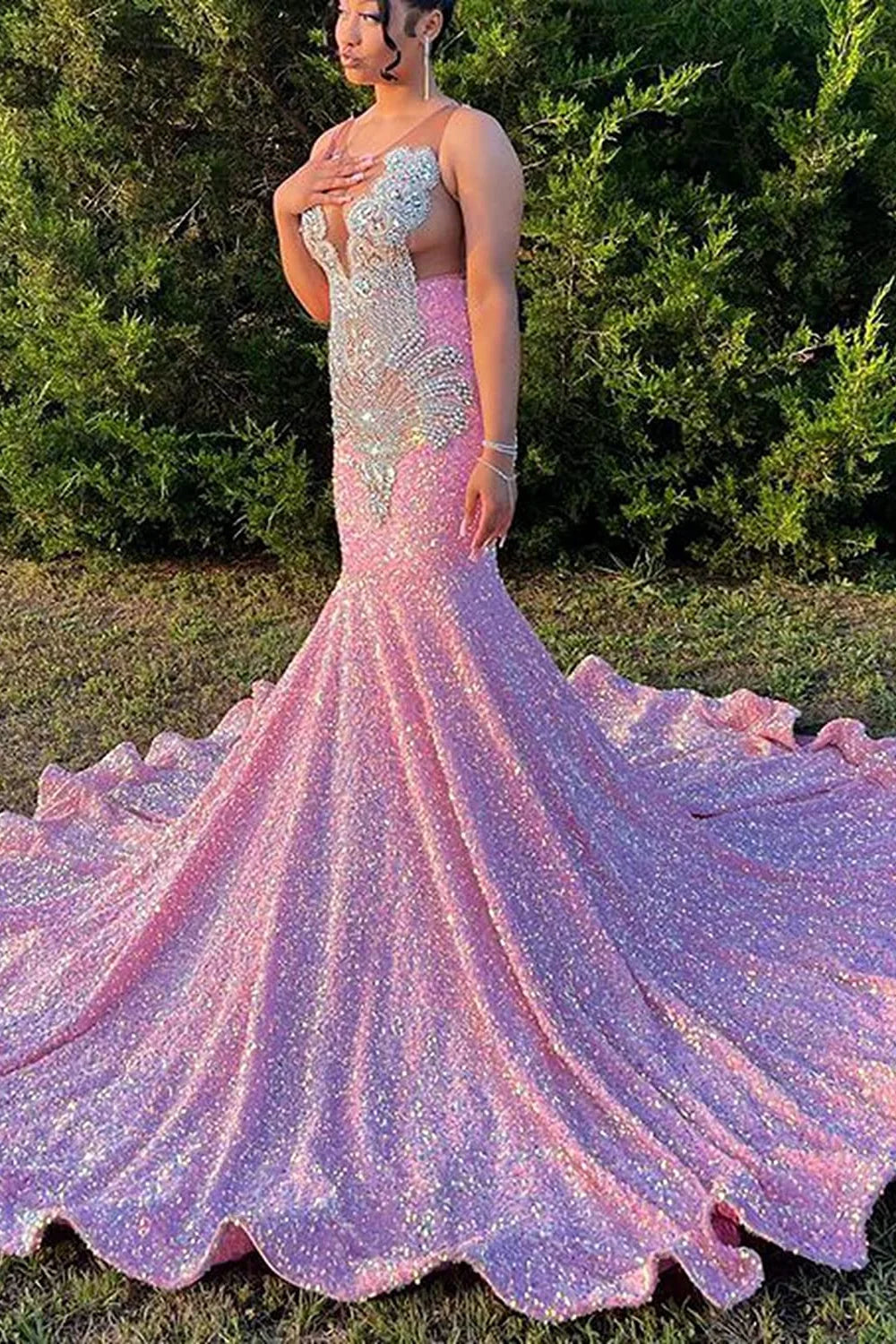 Budget Pink Sequins Evening Gowns Mermaid Sleeveless With Crystal-BallBride