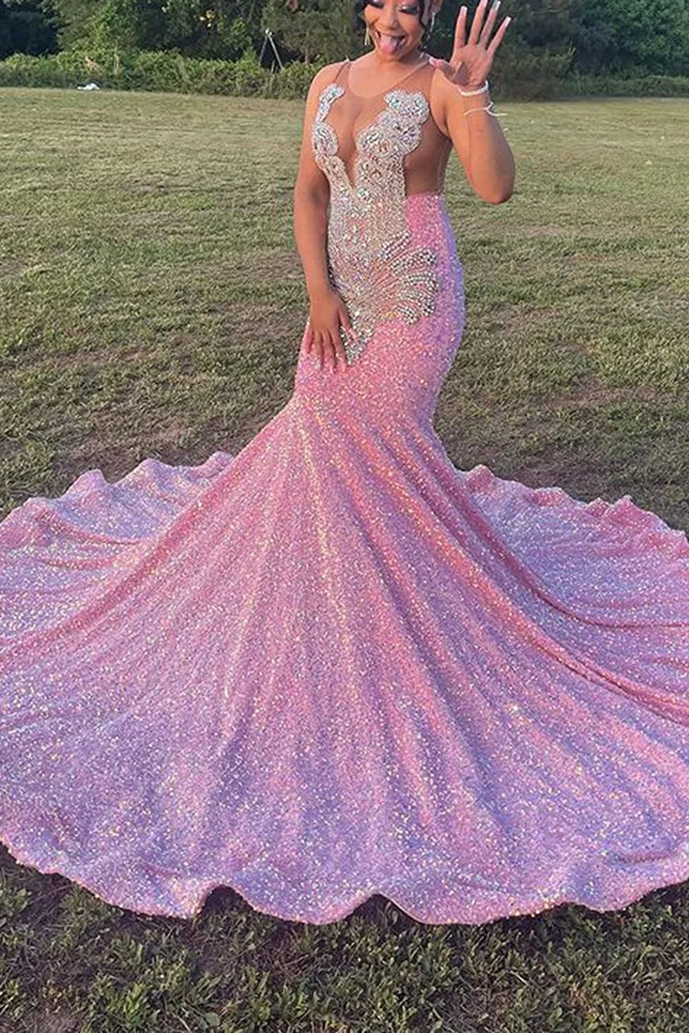 Budget Pink Sequins Evening Gowns Mermaid Sleeveless With Crystal-BallBride