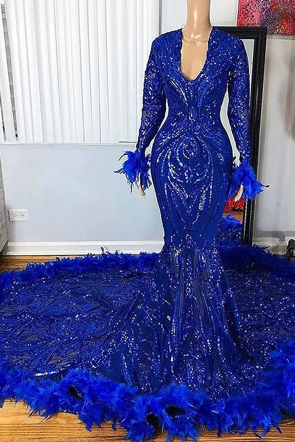 Budget Royal Blue Long Sleeves Evening Gowns Mermaid Sequins With Feather-BallBride