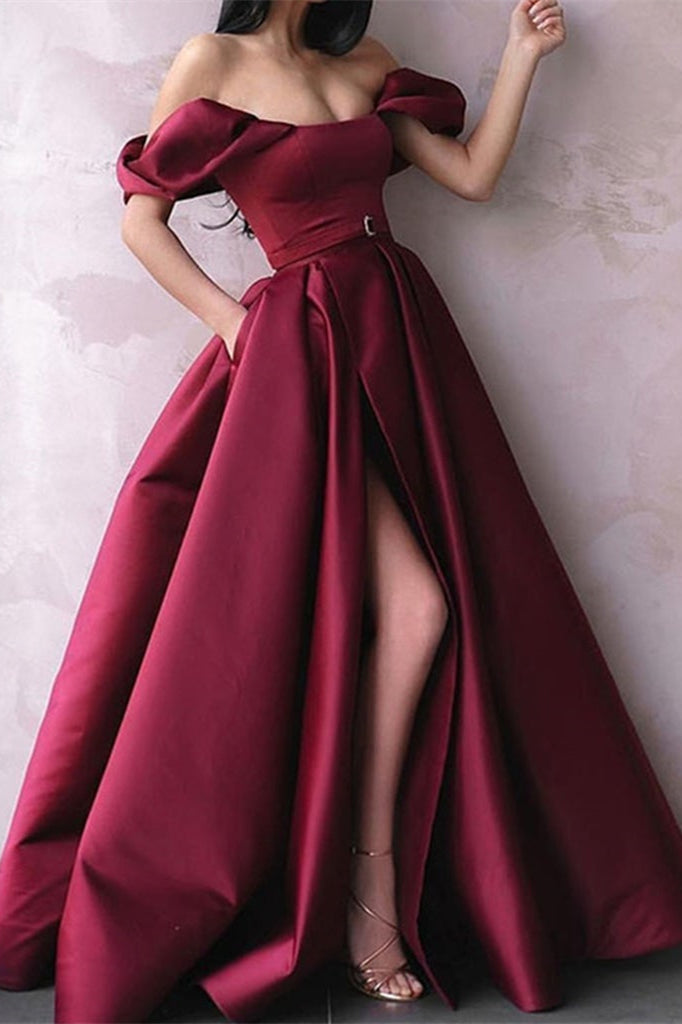 Burgundy Off-the-Shoulder Slit Prom Dress with Pockets-Occasion Dress-BallBride