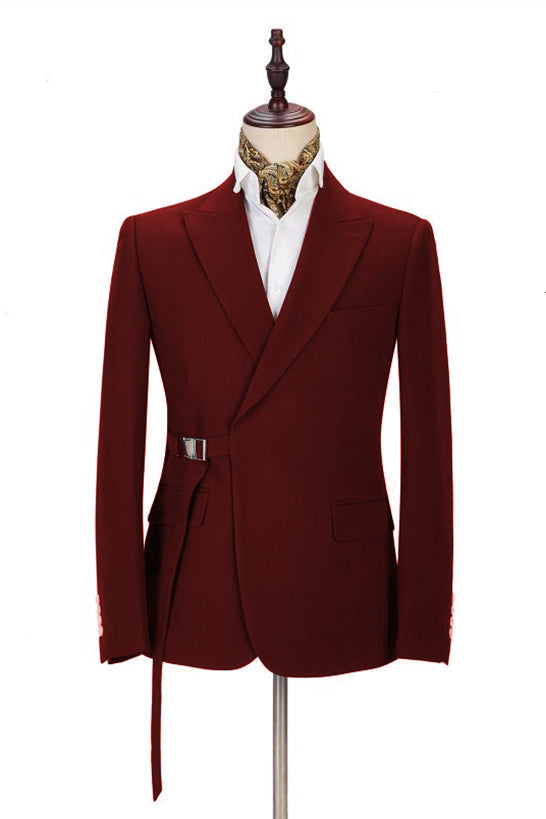 Burgundy Prom Suit for Boys with Peak Lapel and Buckle Button - 2 Piece-Prom Suits-BallBride