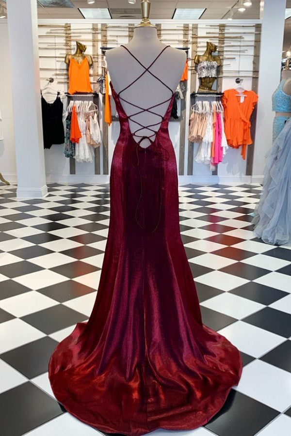 Burgundy Strapless Mermaid Evening Dress with Split Detail-Evening Dresses-BallBride