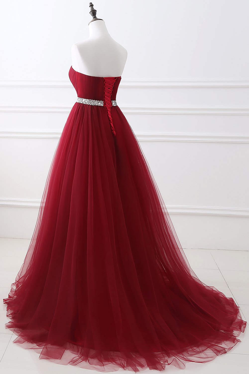 Burgundy Sweetheart Tulle Long Prom Dress with Crystal Accent-Occasion Dress-BallBride