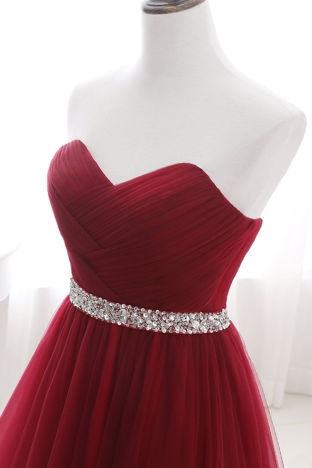 Burgundy Sweetheart Tulle Long Prom Dress with Crystal Accent-Occasion Dress-BallBride