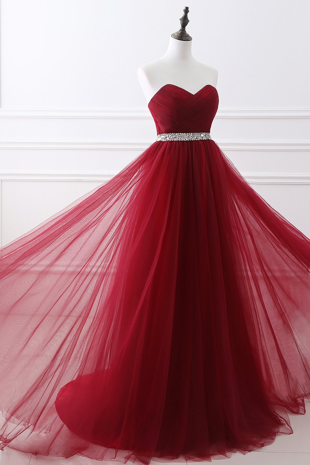 Burgundy Sweetheart Tulle Long Prom Dress with Crystal Accent-Occasion Dress-BallBride