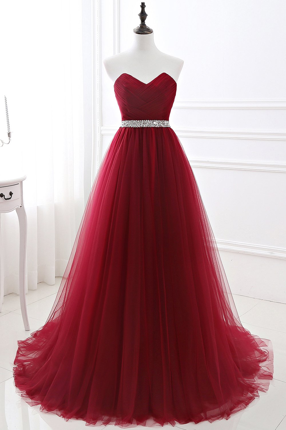 Burgundy Sweetheart Tulle Long Prom Dress with Crystal Accent-Occasion Dress-BallBride