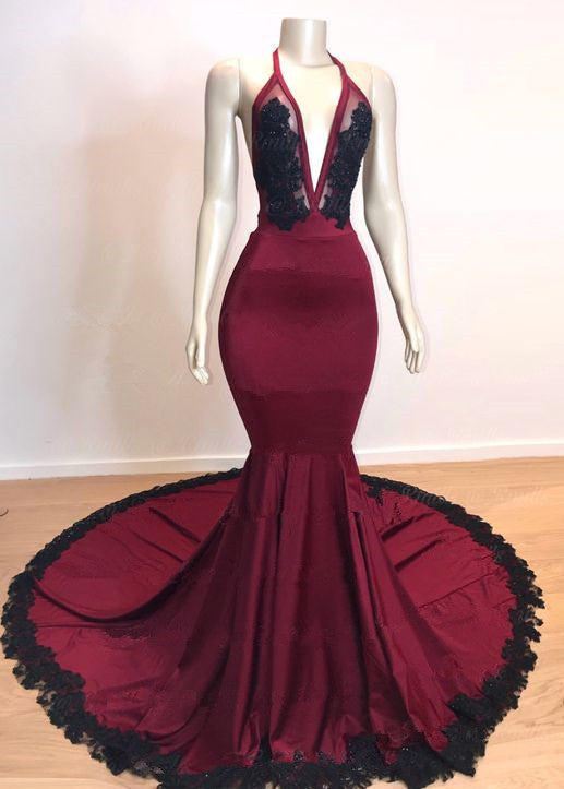 Burgundy V-Neck Halter Mermaid Evening Dress with Applique-Evening Dresses-BallBride