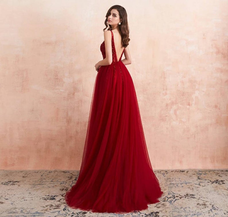 Burgundy V-Neck Sleeveless Split Evening Dress with Beads and Tulle-Evening Dresses-BallBride