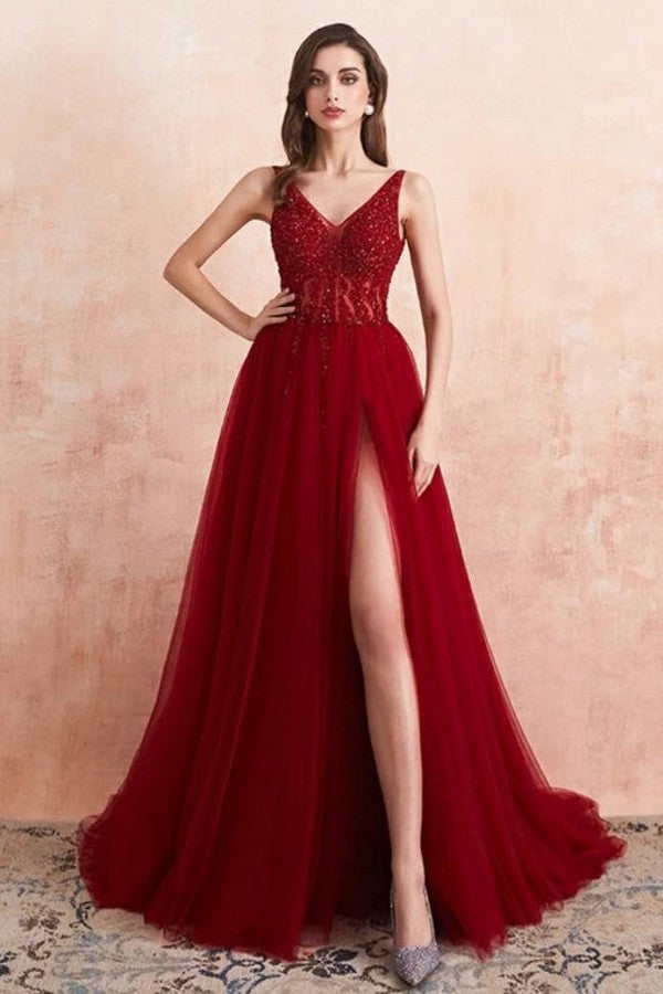 Burgundy V-Neck Sleeveless Split Evening Dress with Beads and Tulle-Evening Dresses-BallBride