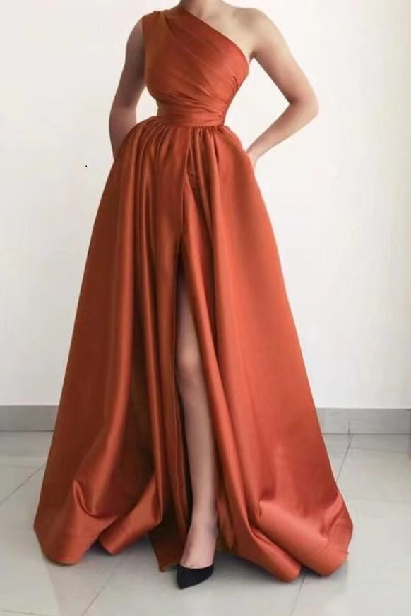Burnt Orange Elegant One Shoulder A Line Prom Dress With Pockets-BallBride
