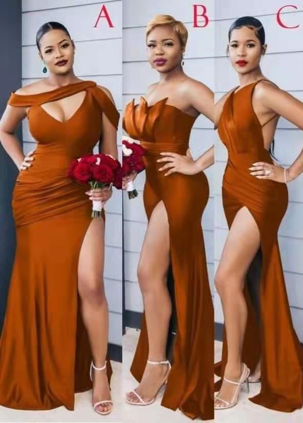 Burnt Orange Long Mermaid Satin Bridesmaid Dress with Split-Bridesmaid Dresses-BallBride