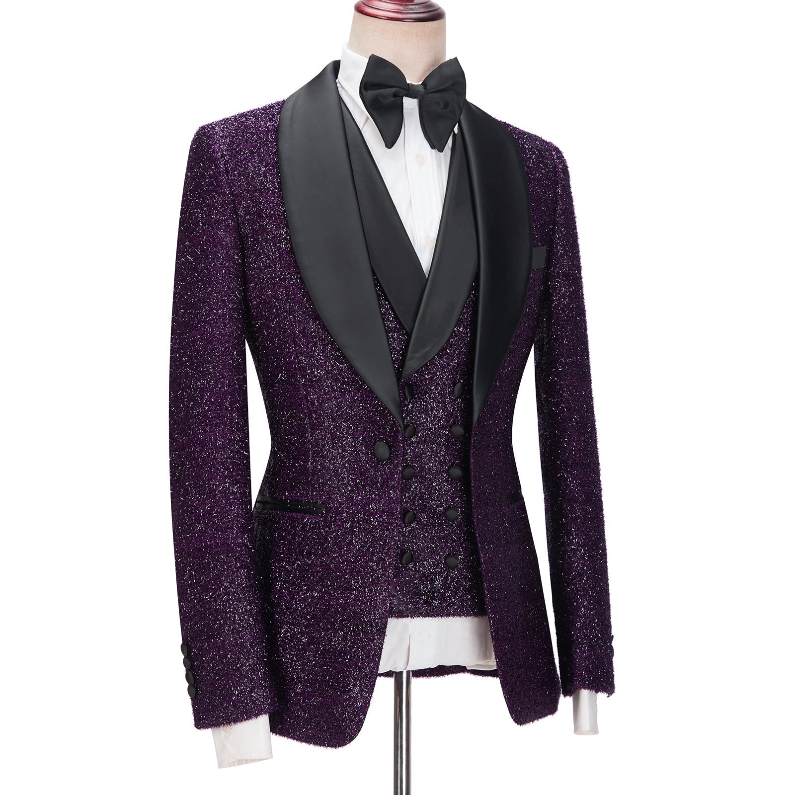 Caleb 3-Pieces Men Suits - Dark Purple Sparkle Shawl Lapel-Wedding Suits-BallBride