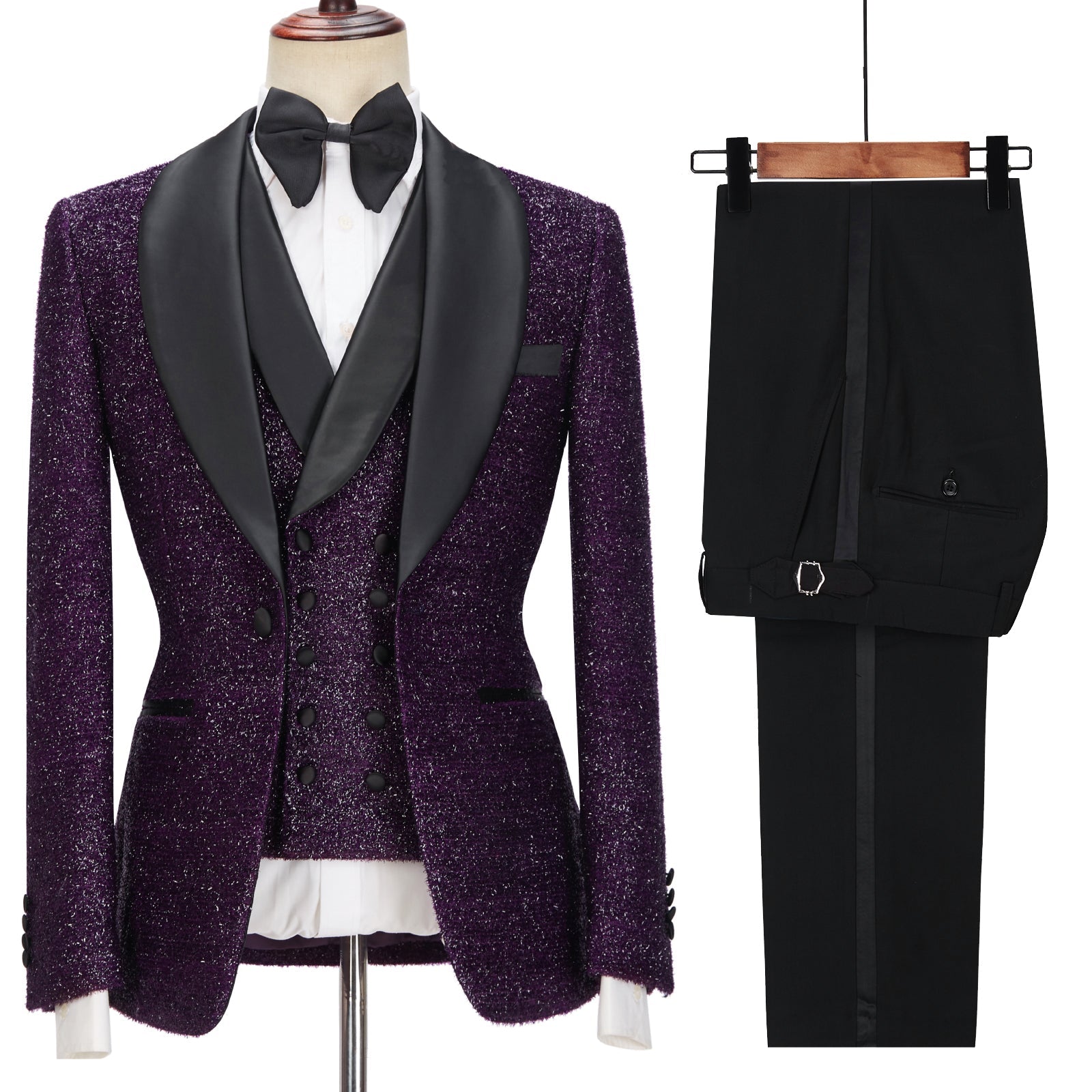 Caleb 3-Pieces Men Suits - Dark Purple Sparkle Shawl Lapel-Wedding Suits-BallBride