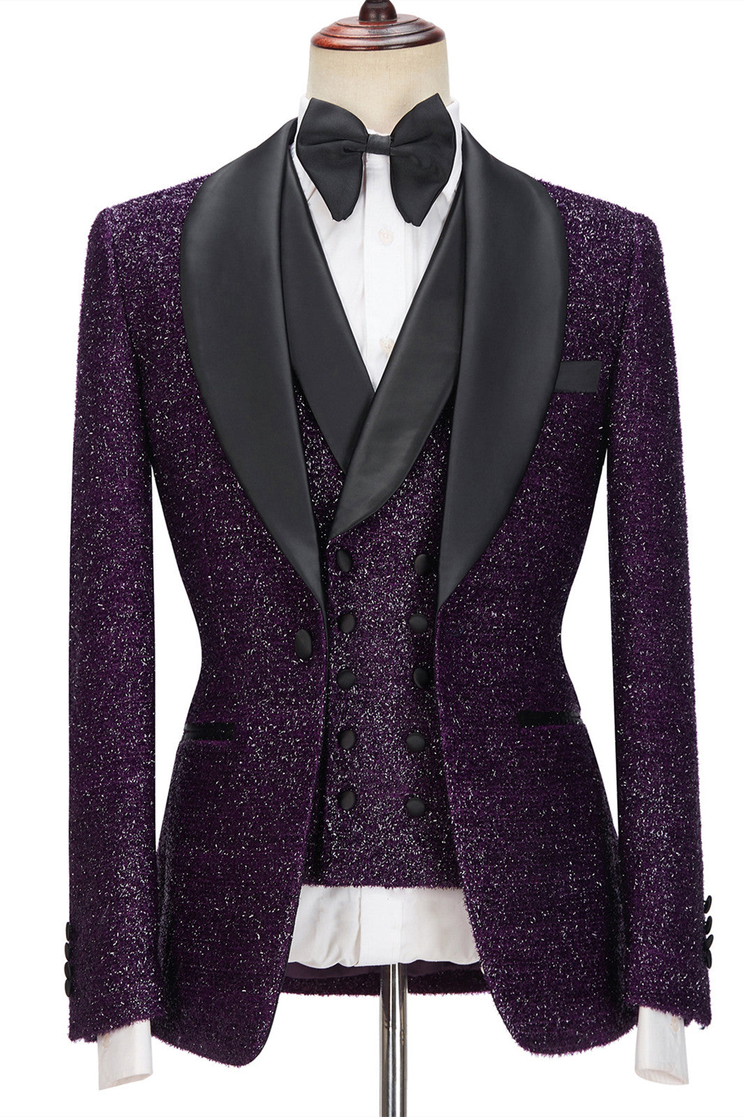 Caleb 3-Pieces Men Suits - Dark Purple Sparkle Shawl Lapel-Wedding Suits-BallBride
