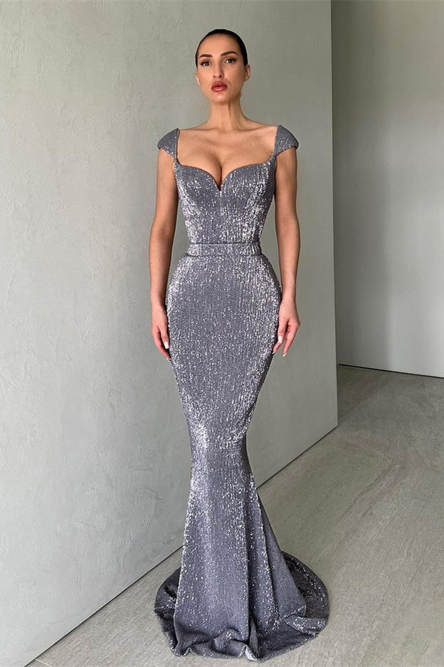 Cap Sleeves Long Mermaid Sequins Prom Dress-BallBride