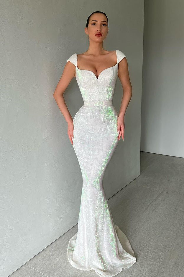Cap Sleeves Long Mermaid Sequins Prom Dress-BallBride