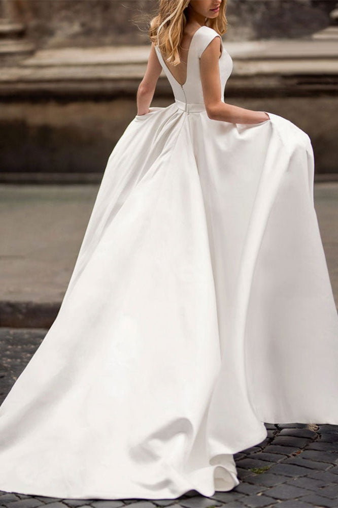 Cap Sleeves Wedding Dress With Pockets-Wedding Dresses-BallBride