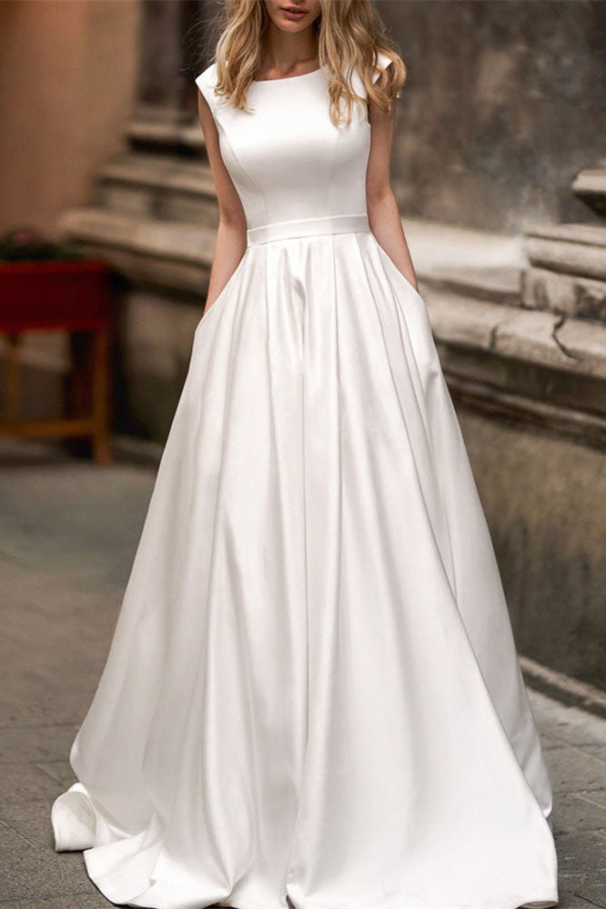 Cap Sleeves Wedding Dress With Pockets-Wedding Dresses-BallBride