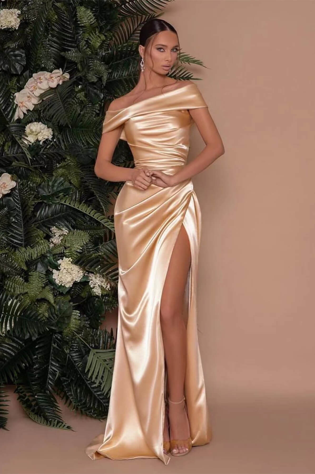 Charm in Style with the Champagne Off The Shoulder Prom Dress Charmeuse Split Mermaid-BallBride