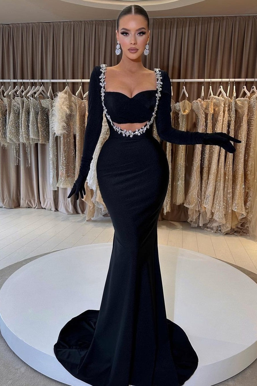 Charming Black Long Sleeve Mermaid Prom Dress with Beads & Gloves-BallBride