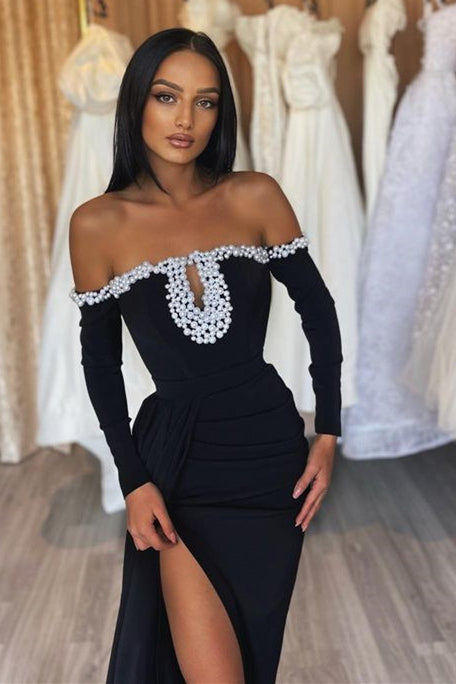 Charming Black Off-the-Shoulder Prom Dress with Mermaid Long Sleeves and Pearls Split-Occasion Dress-BallBride