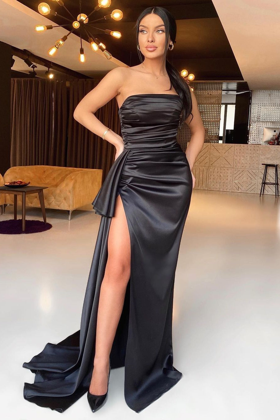 Charming Black Strapless Mermaid Prom Dress with Slit & Long Pleated Design-Occasion Dress-BallBride