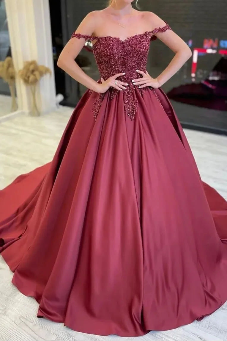 Charming Burgundy Off-the-Shoulder Ball Gown Evening Dress With Appliques-BallBride