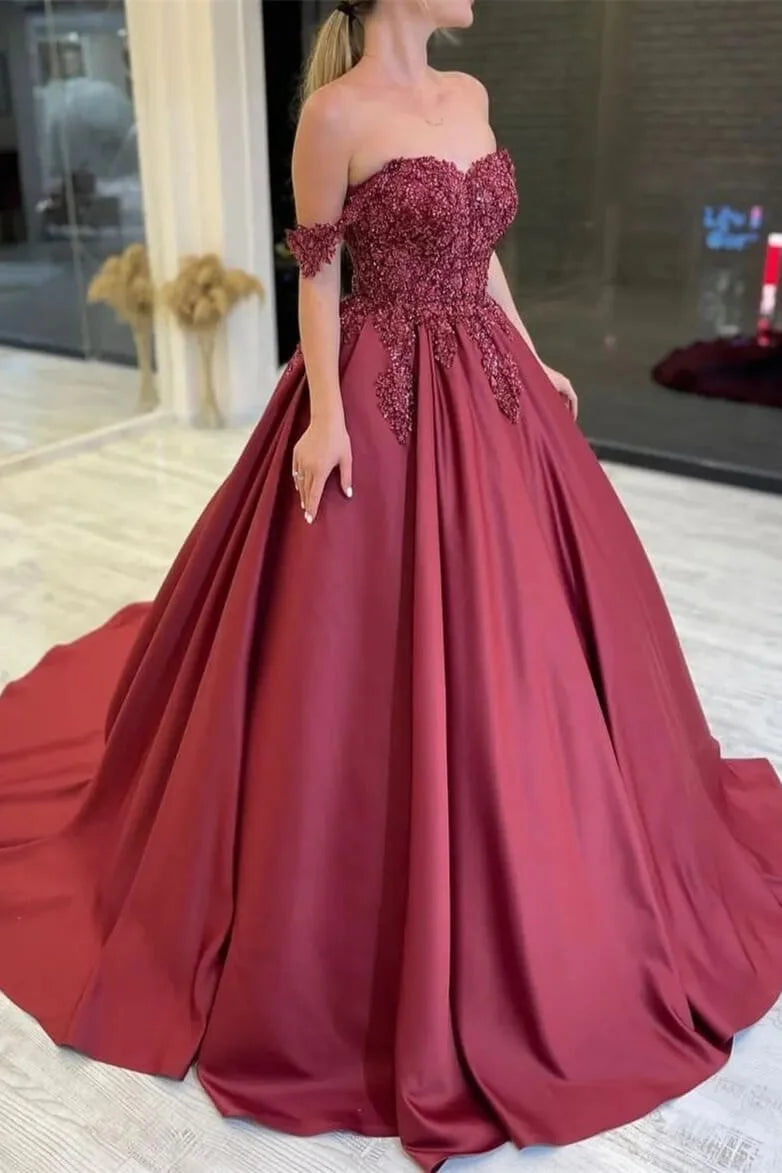 Charming Burgundy Off-the-Shoulder Ball Gown Evening Dress With Appliques-BallBride