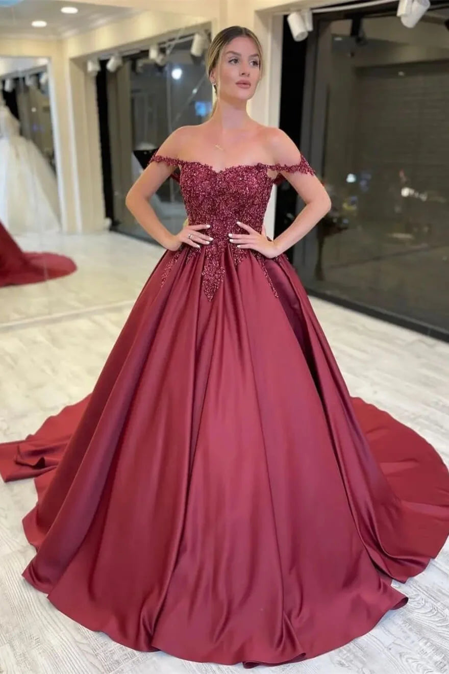 Charming Burgundy Off-the-Shoulder Ball Gown Evening Dress With Appliques-BallBride