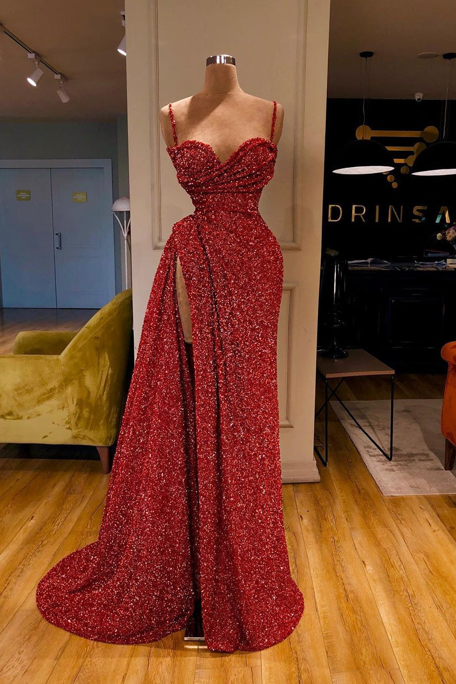 Charming Burgundy Sequins Prom Dress with Spaghetti-Straps and Split-Occasion Dress-BallBride