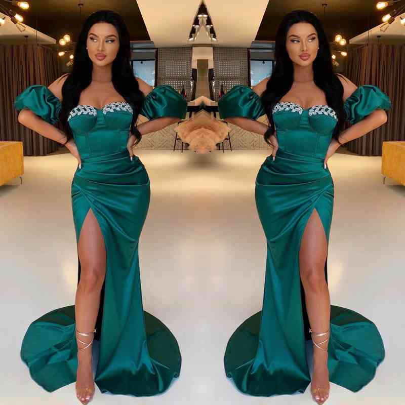 Charming Dark Green Sweetheart Prom Dress with Mermaid Slit and Detachable Sleeves-Occasion Dress-BallBride