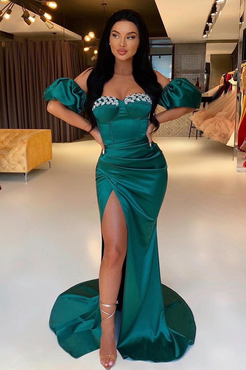 Charming Dark Green Sweetheart Prom Dress with Mermaid Slit and Detachable Sleeves-Occasion Dress-BallBride